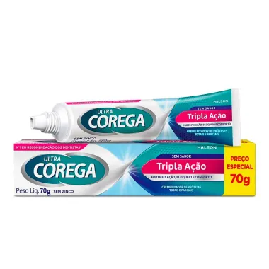 Corega Ultra Creme Fixador de Dentadura Sem Sabor Tripla Ação Sem Zinco 70g