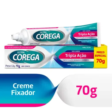 Corega Ultra Creme Fixador de Dentadura Sem Sabor Tripla Ação Sem Zinco 70g