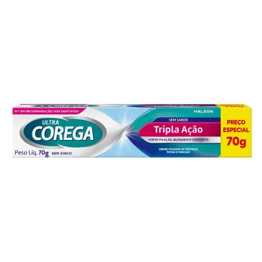 Corega Ultra Creme Fixador de Dentadura Sem Sabor Tripla Ação Sem Zinco 70g