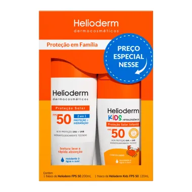 Kit Protetor Solar Família Helioderm Corporal Adulto FPS 50 200ml + Infantil Hipoalergênico FPS 50 120ml