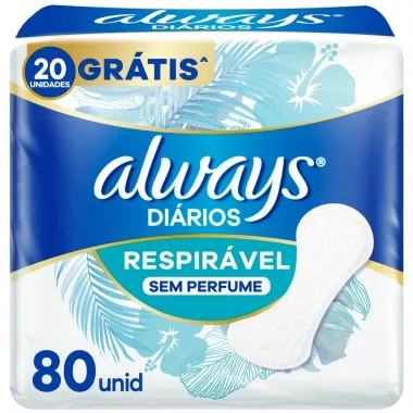 Protetor Di&aacute;rio Always Di&aacute;rios Respir&aacute;vel Sem Perfume com 80 Unidades