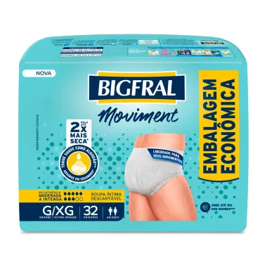 Roupa Íntima Bigfral Moviment Descartável Unissex Tamanho G/XG 32 Unidades Embalagem Econômica