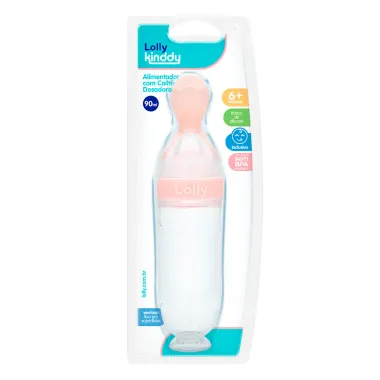 Alimentador com Colher Dosadora Lolly Kinddy Infantil Frasco de Silicone Cor Rosa 6+ Meses 90ml