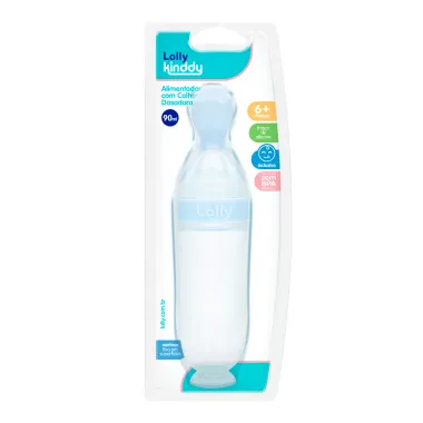 Alimentador com Colher Dosadora Lolly Kinddy Infantil Frasco de Silicone Cor Azul 6+ Meses 90ml