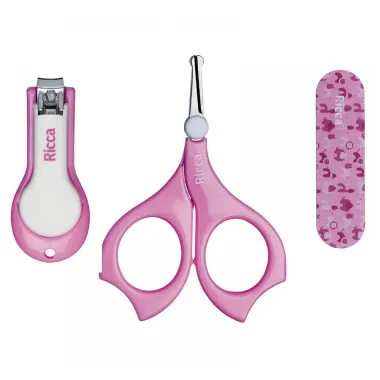 Kit Manicure Baby Ricca Rosa com 1 Cortador + 1 Tesoura + 2 Lixas