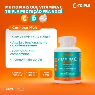 C-Triple Vitamina C 500mg com Vitamina D + Zinco 100 Comprimidos Revestidos