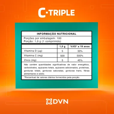 C-Triple Vitamina C 500mg com Vitamina D + Zinco 100 Comprimidos Revestidos