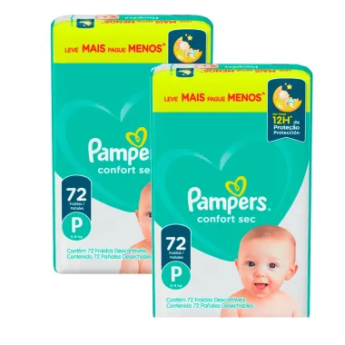 Kit 2 Fralda Pampers Confort Sec Tamanho P 72 Unidades Descartáveis