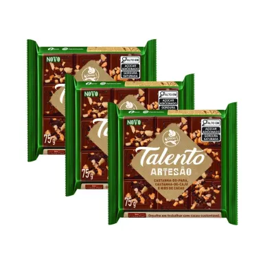 Kit 3 Chocolate Garoto Talento Artesão Castanha do Pará, Castanha de Caju e Nibs de Cacau 75g