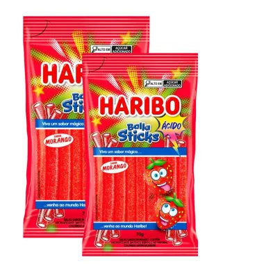 Kit 2 Balas Haribo Sticks Morango Ácido 70g