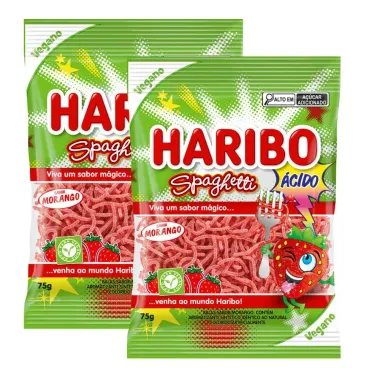 Kit 2 Balas Haribo Spaghetti Vegana Sabor Morango Ácido 75g