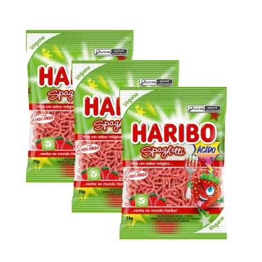 kit 3 Balas Haribo Spaghetti Vegana Morango &Aacute;cido 75g