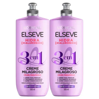 Kit 2 Creme de Pentear Elseve Milagroso Hidra Hialur&ocirc;nico 3 em 1 com 500ml