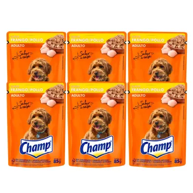 Kit 6 Ração Úmida Champ Adulto sabor Frango Sachê 85g