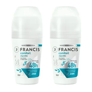 Kit Desodorante Francis Comfort Algodão Roll-on Antitranspirante 48h 50ml - 2 Unidades