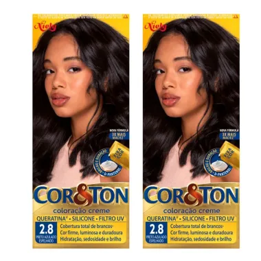 Kit Coloração Creme Cor&Ton Niely Cor Preto Azulado Espelhado 2.8 - 2 Unidades