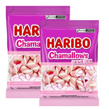 Kit 2 Balas Haribo Chamallows Cables Pink Sabor Morango 70g