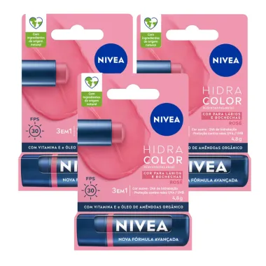 Kit 3 Hidratante Labial Nivea Hidra Color FPS 30 Rosé 4,8g