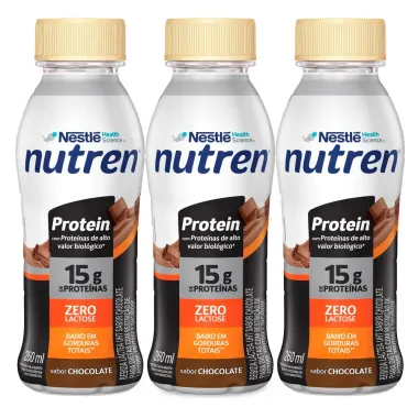 Kit 3 Nutren Protein 15g de Proteínas Sabor Chocolate Zero Lactose 260ml