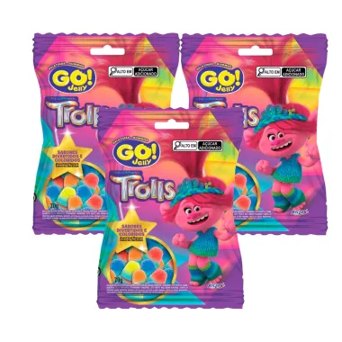 Kit 3 Bala de Gelatina Go! Jelly Trolls Sabores Divertidos e Coloridos 70g