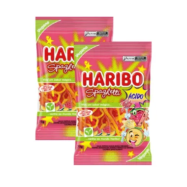 Kit 2 Balas De Gelatina Vegana Haribo Spaghetti Sabores Melancia E Melão 75G