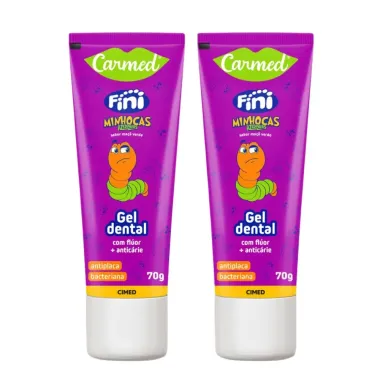 Kit 2 Gel Dental Infantil Carmed Fini Minhocas Azedinhas,Sabor Maça Verde Com Flúor+Anticáries 70G