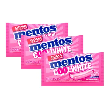 Kit 3 Chiclete Mentos Cool White Sabor Tutti Fresh com Microcristais Sem Açúcar 8,5g