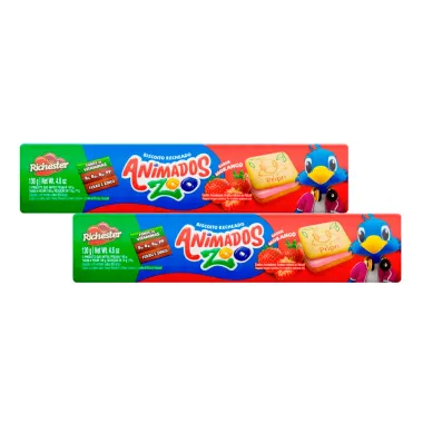 Kit 2 Biscoito Recheado Richester Animados Zoo Sabor Morango 130g