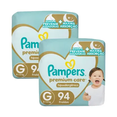 Kit 2 Fralda Pampers Premium Care Hipoalerg&ecirc;nico G 94 Unidades
