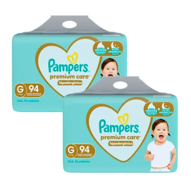 Kit 2 Fralda Pampers Premium Care Hipoalerg&ecirc;nico G 94 Unidades
