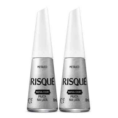 Kit 2 Esmalte Risqu&eacute; Nova Cor Met&aacute;lico Cor Prata na Lata 8ml