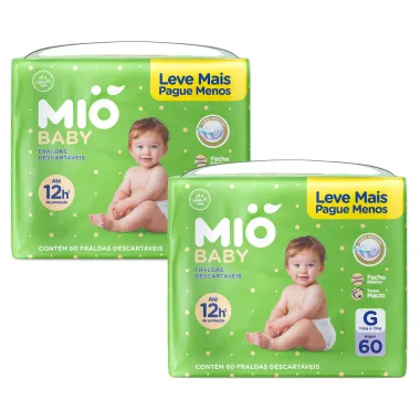 Kit 2 Fralda Mió Baby Tamanho G Hiper 60 Unidades Descartáveis cada