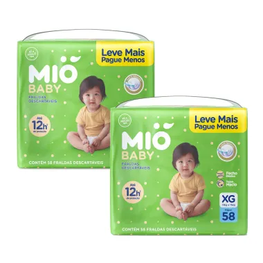 Kit 2 Fralda Mió Baby Tamanho XG Hiper 58 Unidades Descartáveis cada