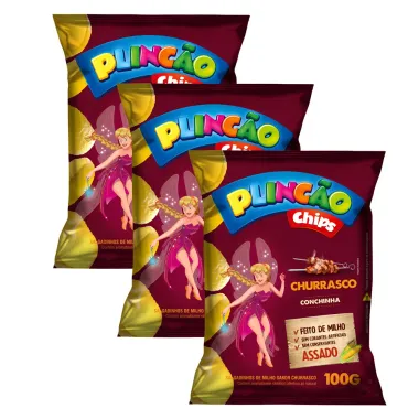 Kit 3 Salgadinho de Milho Plincão Chips Sabor Churrasco Conchinha 100g