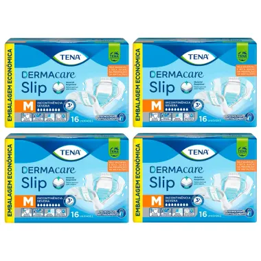 Kit 4 Fralda Geri&aacute;trica Tena Slip DermaCare Tamanho M 16 Unidades Descart&aacute;veis Cada