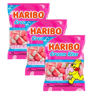 Kit 3 Balas de Gelatina Haribo Cream Kiss Morango 100g