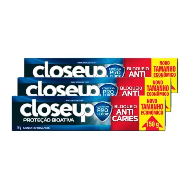 Kit 3 Creme Dental Close Up Prote&ccedil;&atilde;o Bioativa Antic&aacute;ries 150g