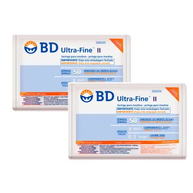 Kit 2 Seringa BD Ultra-Fine Insulina 50U Agulha Curta 8mm com 10 Unidades