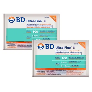 Kit 2 Seringa BD Ultra-Fine Insulina 100U Agulha Curta 8mm com 10 Unidades