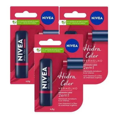 Kit 3 Hidratante Labial Nivea Hidra Color 2 em 1 Vermelho 4,8g