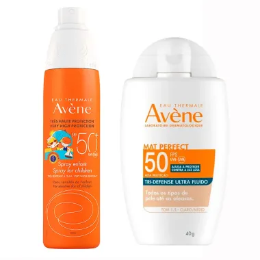 Protetor Solar Av&egrave;ne Solar Spray Infantil FPS 50+ 200ml e Protetor Solar Tri-Defense Avene N50 Mat Perfect Tom 1.5 Claro M&eacute;dio 40g