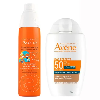 Protetor Solar Av&egrave;ne Solar Spray Infantil FPS 50+ 200ml e Protetor Solar Tri-Defense Av&egrave;ne Mat Perfect N50 Tom 2.5 Medio Escuro 40g