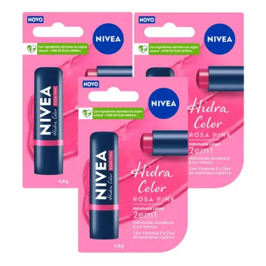 Kit 3 Hidratante Labial Nivea Hidra Color 2 em 1 Rosa Pink 4,8g