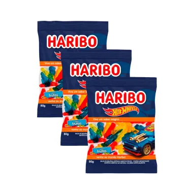 Kit 3 Balas de Gelatina Haribo Hot Wheels Frutas 80g