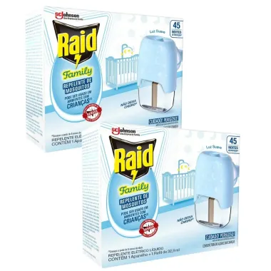 Kit 2 Repelente Elétrico Líquido Raid Family 45 Noites Aparelho + Refil 32,9 ml