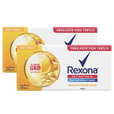 Kit 2 Sabonete em Barra Rexona Antibacterial Multivitaminas 84g com 6 Unidades