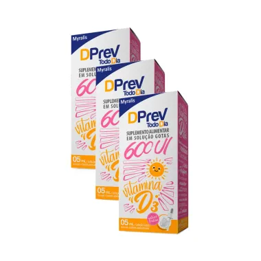 Kit 3 DPrev Todo Dia 600UI Gotas Sabor Frutas com 5ml