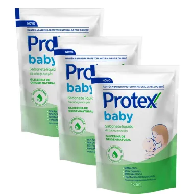 Kit 3 Sabonete L&iacute;quido Protex Baby Glicerina Natural da Cabe&ccedil;a aos P&eacute;s Refil 180ml