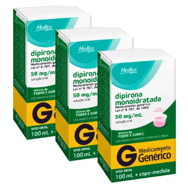 Kit 3 Dipirona S&oacute;dica Infantil 50mg/ml Medley Gen&eacute;rico Solu&ccedil;&atilde;o com 100ml
