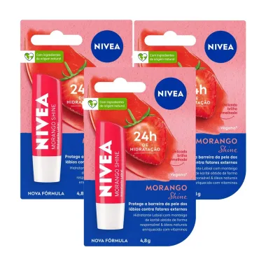 Kit 3 Hidratante Labial Nivea Morango Shine 4,8g